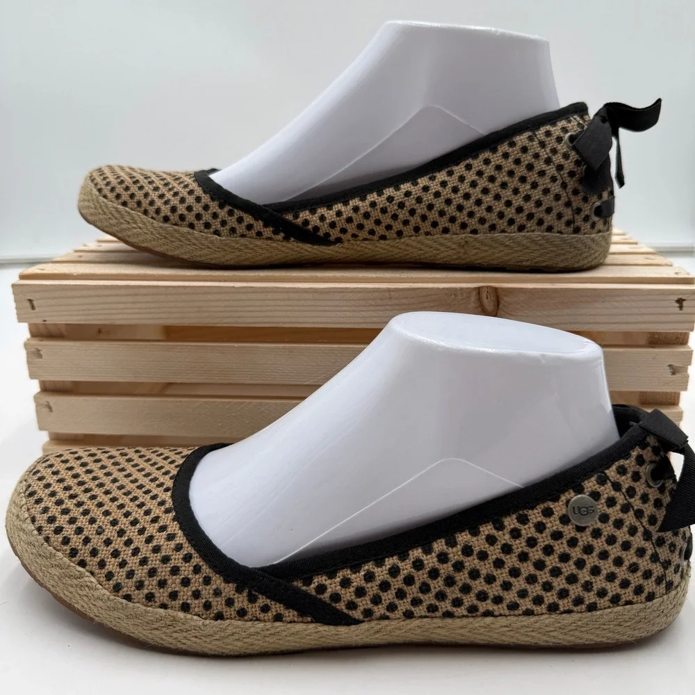 UGG Ballet Flats Indah Polka Dot Burlap Espadrille Tan Black Womens Size 8